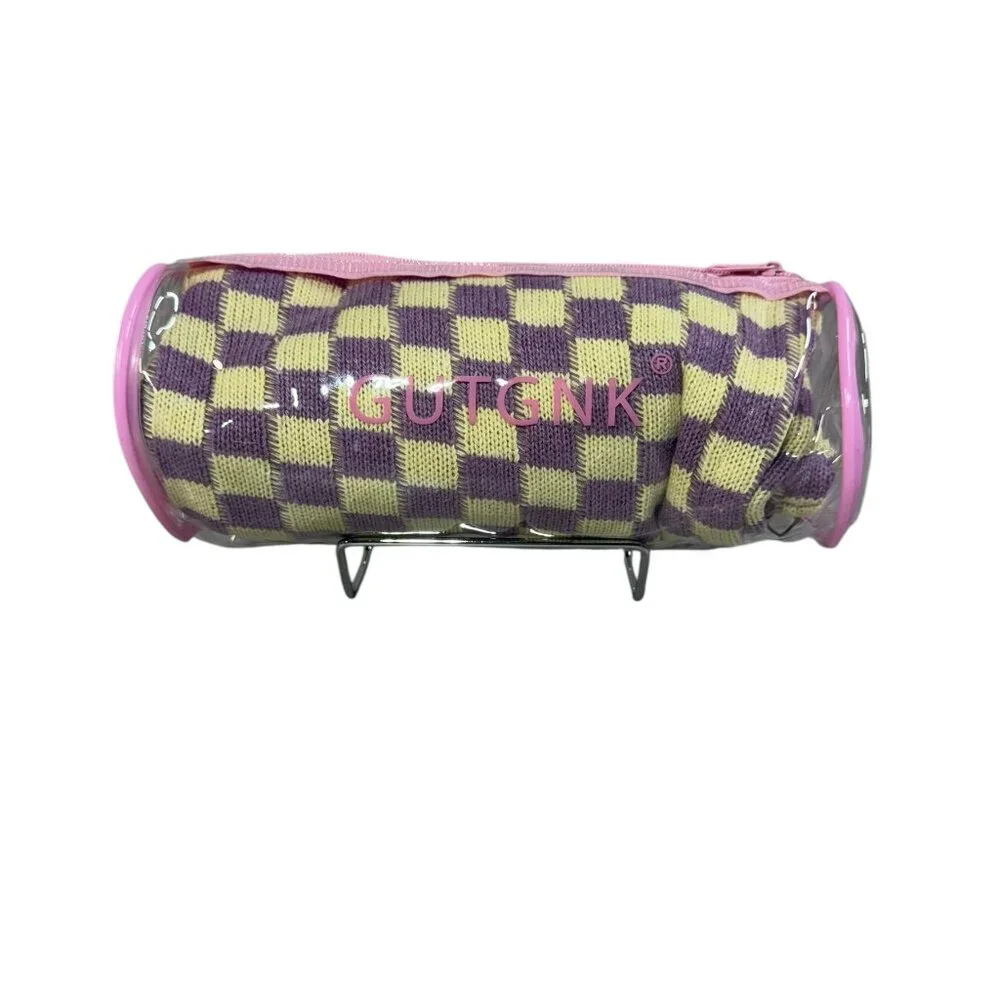 NEW 2Pcs Checkered Cosmetic Bag and Brush Bag - Yellow/Purple